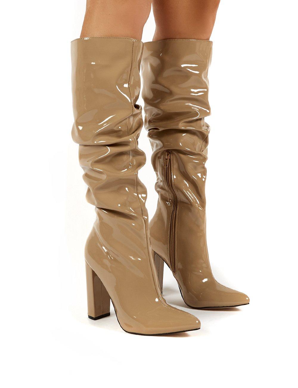 Public Desire Synthetic Yours Camel Patent Heeled Knee High Block Boots