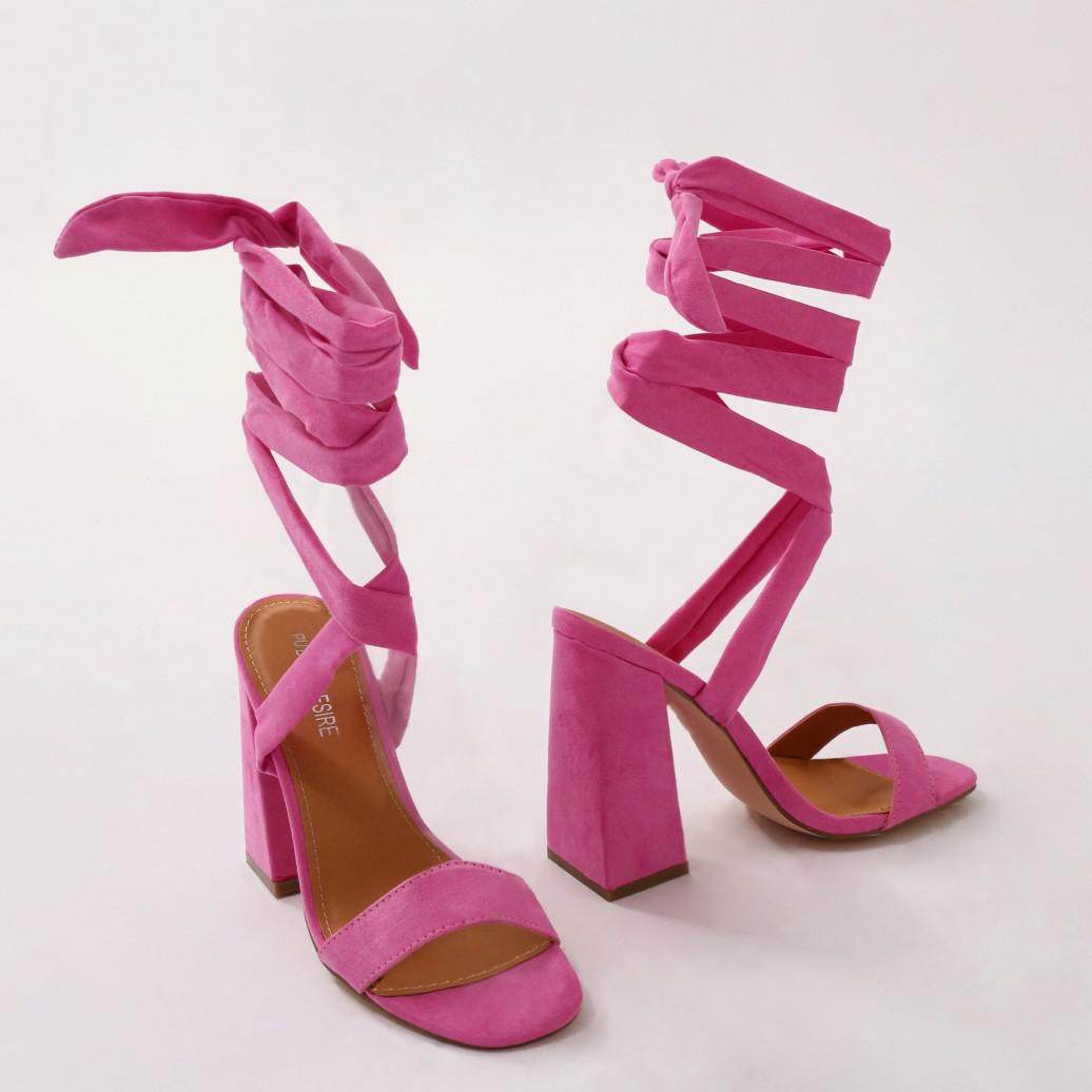 Honesty Lace Up Flared Block Heels In Hot Pink Faux Suede