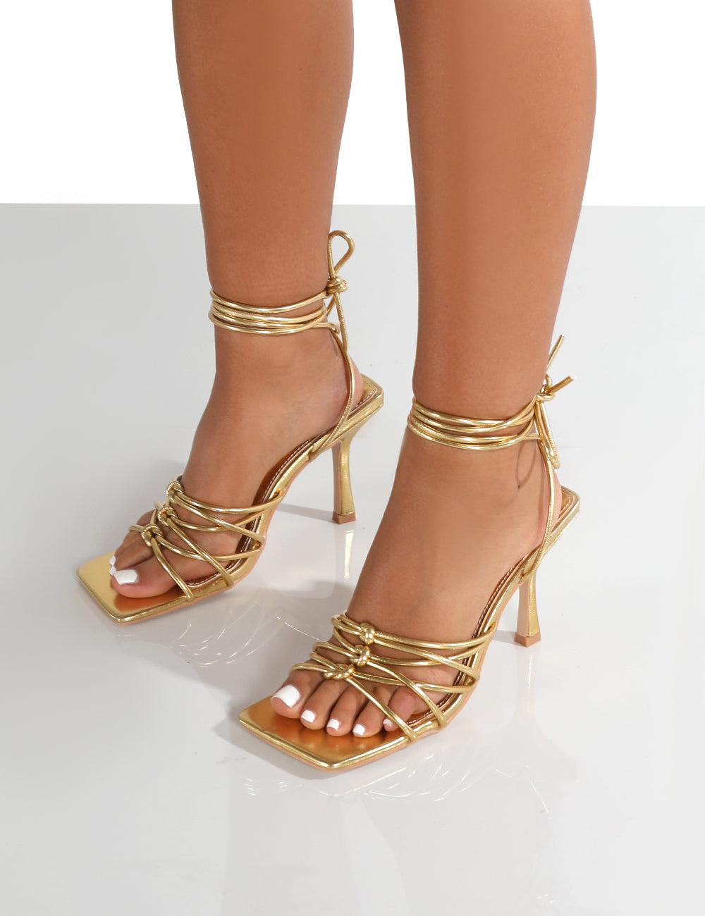 Public Desire Keri Wide Fit Gold Metallic Pu Strappy Lace Up Mid Heels |  Lyst