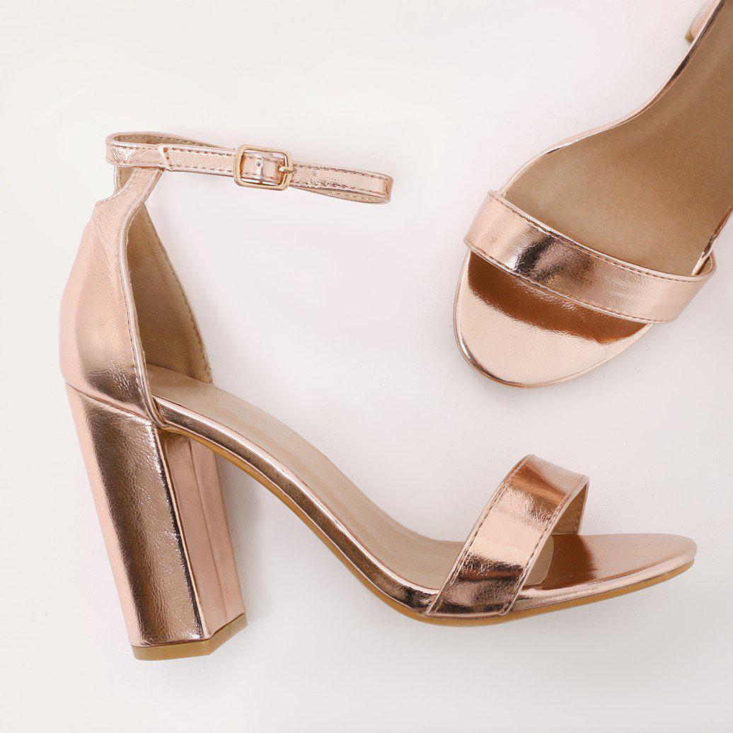 gold barely there block heels