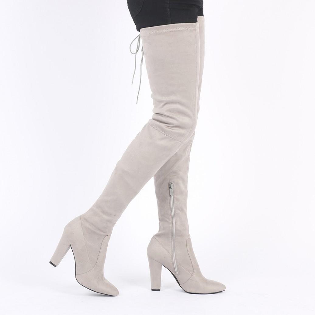 Public Desire Olivia Thigh High Heeled Boots In Light Grey Faux Suede in  Gray | Lyst