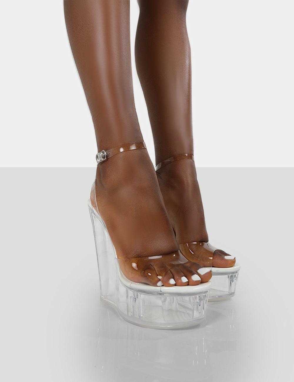 Public Desire Nikki Beach White Patent Platform Wedge Clear Perspex Heels |  Lyst