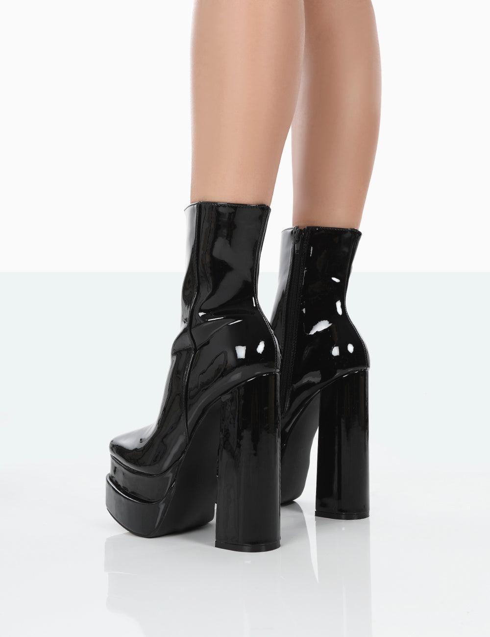 Public Desire Supine Wide Fit Black Patent Chunky Platform High Heeled  Ankle Boots Block | Lyst