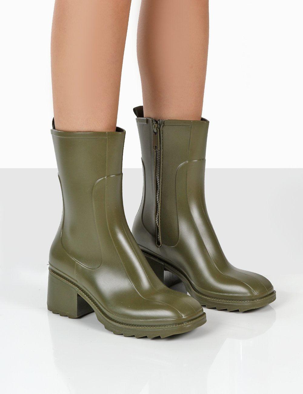 Public Desire Rainyday Green Chunky Zip Up Heeled Wellies | Lyst