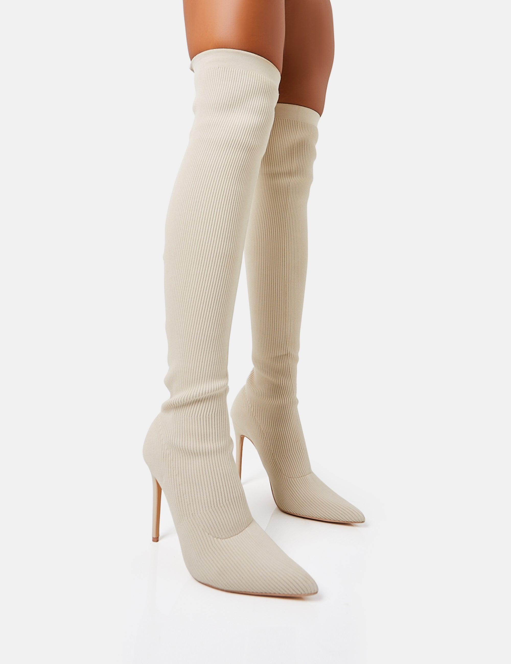 Public Desire Chateau Off White Knitted Sock Stiletto Over The Knee Pointed Boots Lyst UK