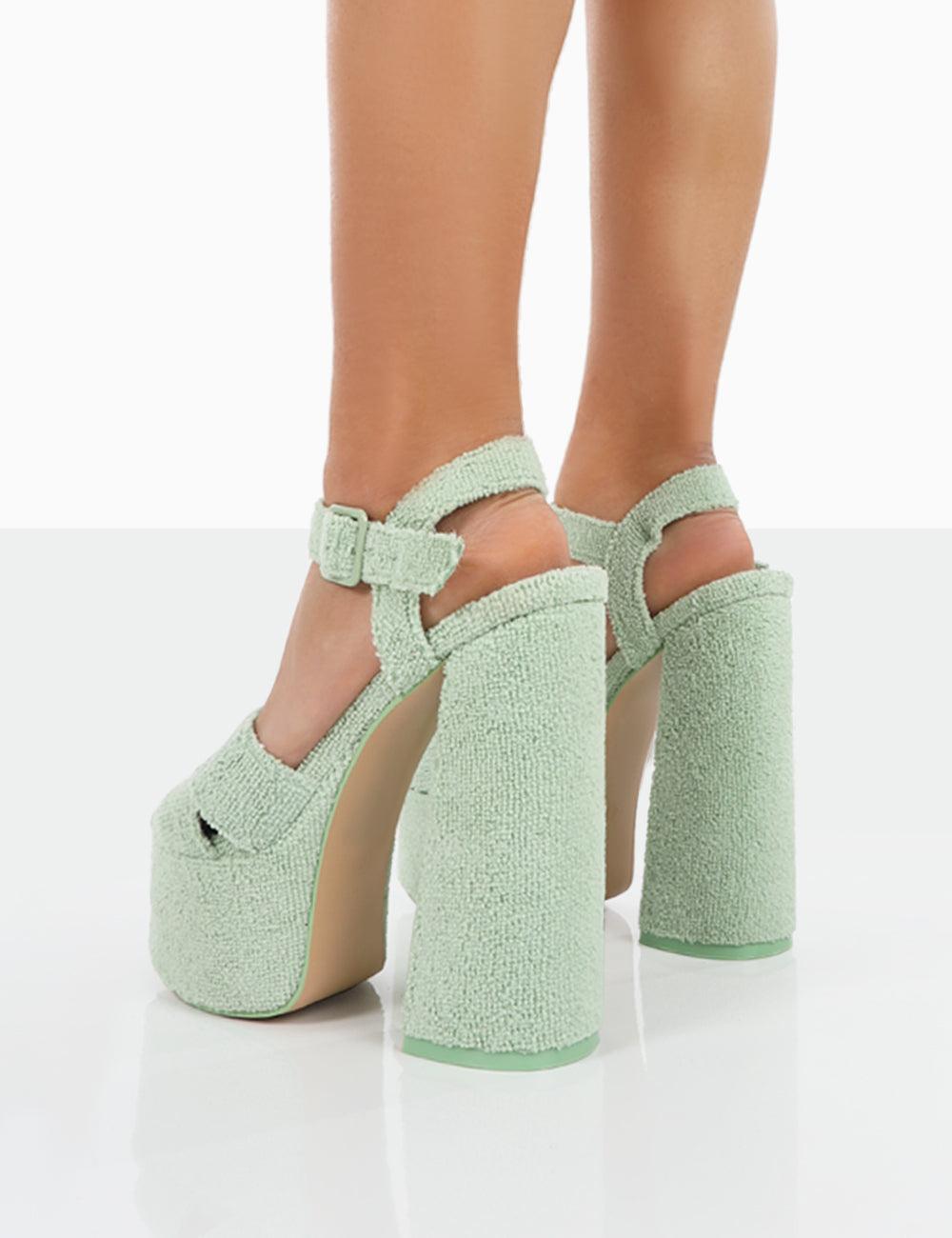 Public Desire Content Mint Towelling Chunky Platform Sandal High Heels in  Green | Lyst