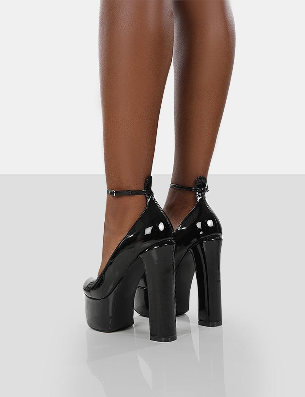 black ankle strap platform block heels