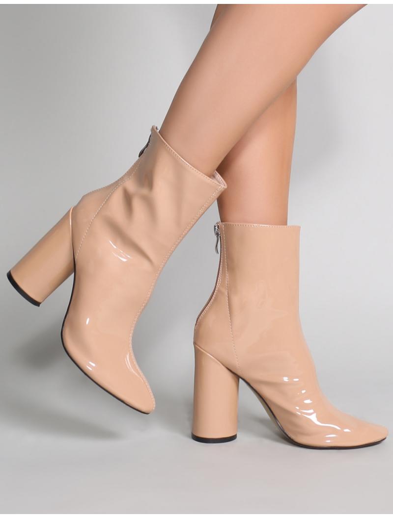 impact round block heel ankle boots in burgundy patent