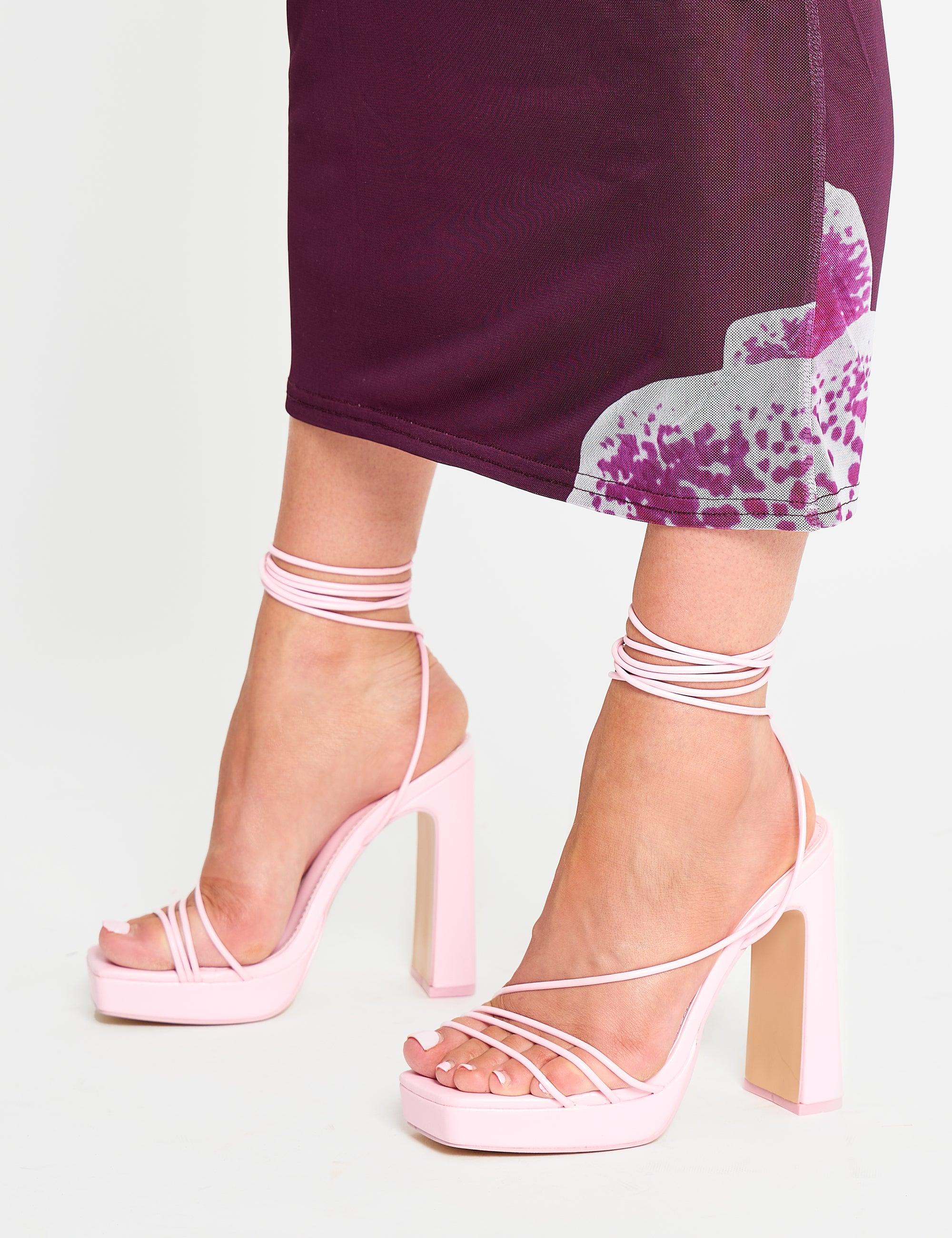 Public Desire Eilish Light Pink Pu Lace Up Strappy Platform Block High Heels  | Lyst UK