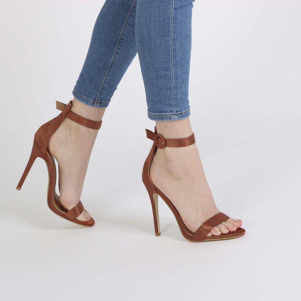Public Desire Crystal Self Buckled Barely There Heels In Rust Satin in Blue  - Lyst