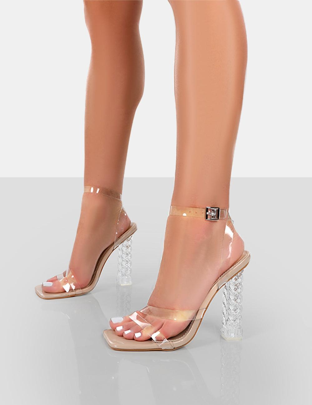 Transparent Black Patent Lace Up PU Peep Toe Glass High Heels