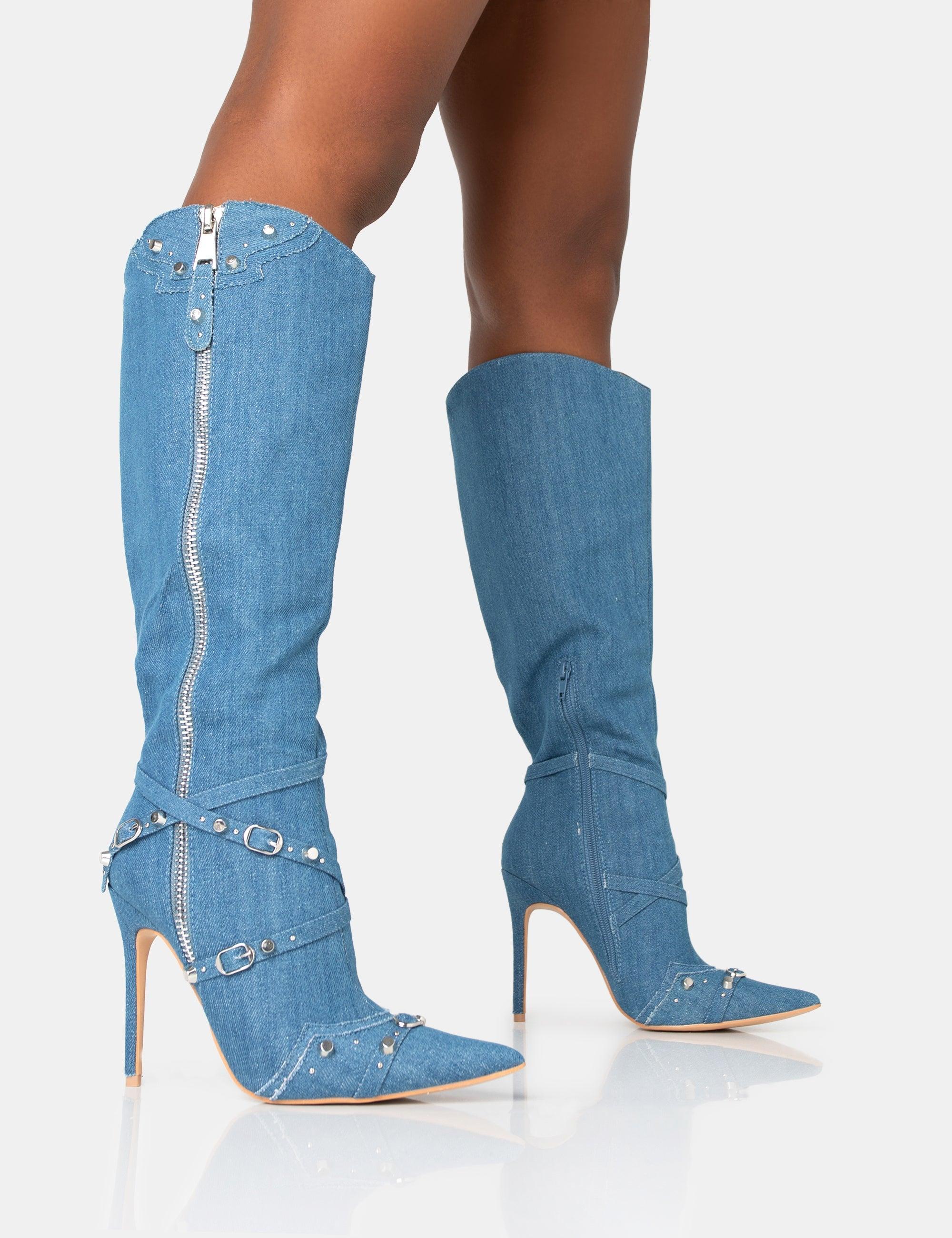 Public Desire Worthy Blue Denim Studded Zip Detail Pointed Toe Stiletto Knee  High Boots | Lyst