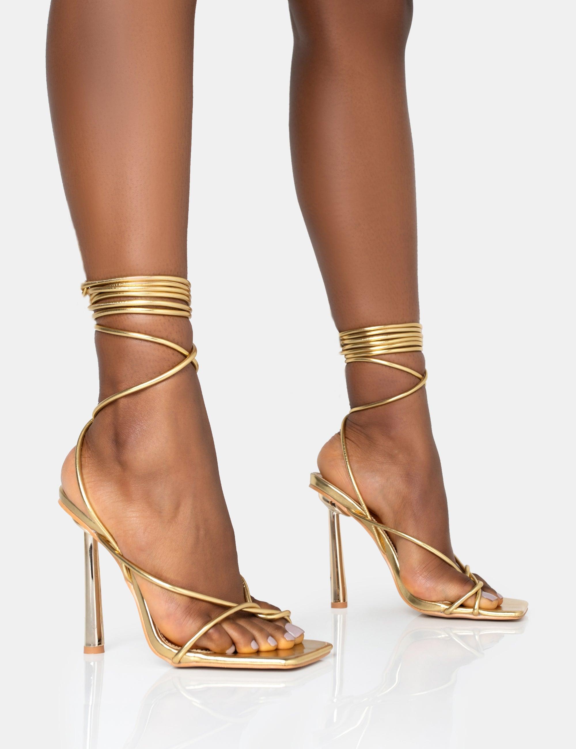 Public Desire Lacey Gold Metallic Square Toe Strappy Lace Up