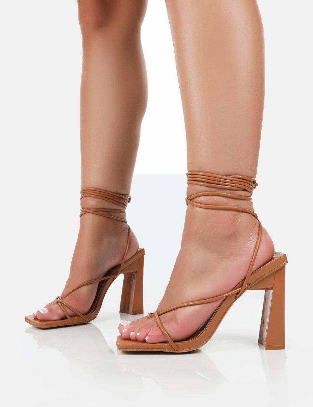 Nude block lace up heels sale