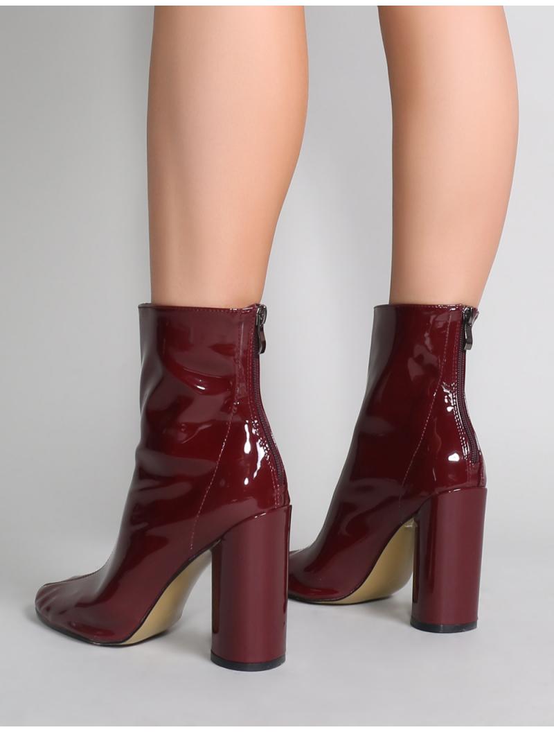 impact round block heel ankle boots in burgundy patent