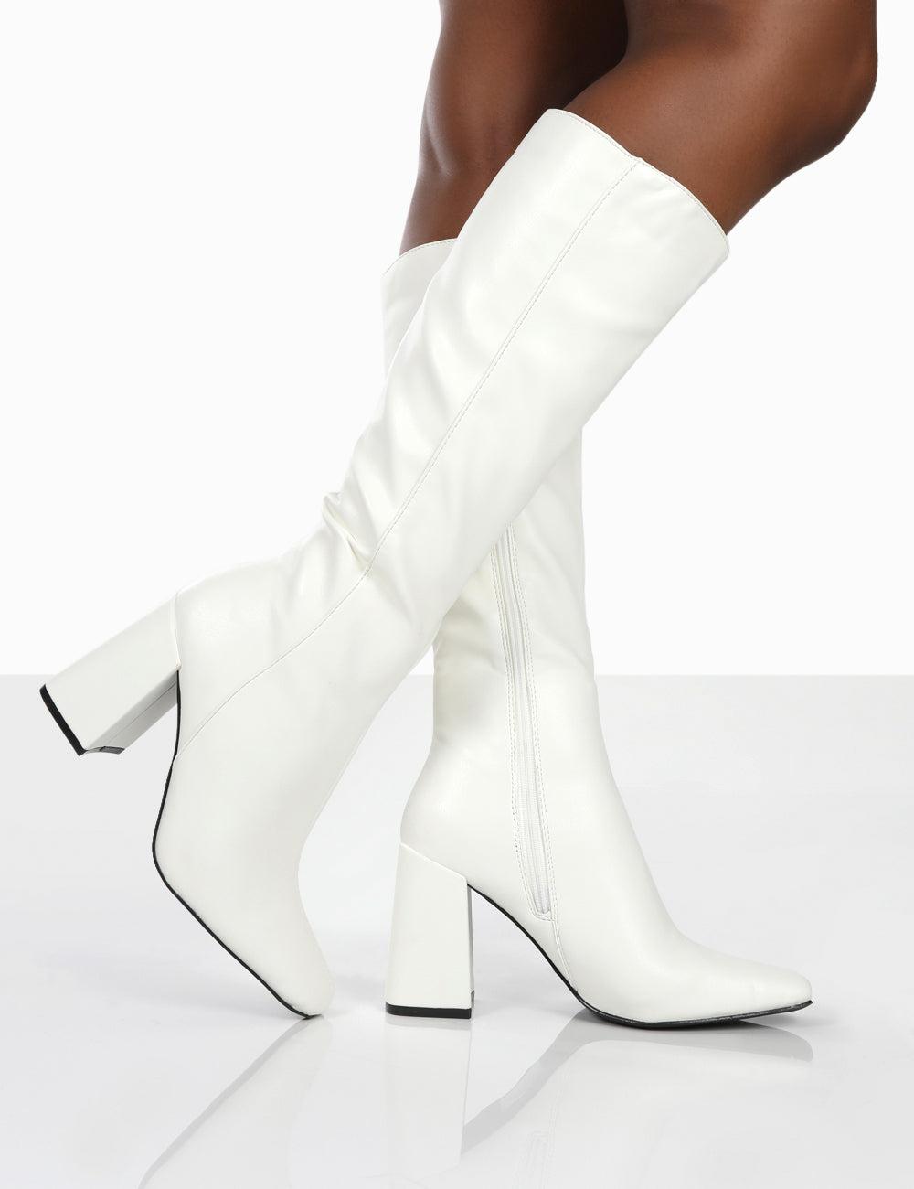 Public Desire Apology White Pu Knee High Block Heel Boots | Lyst UK