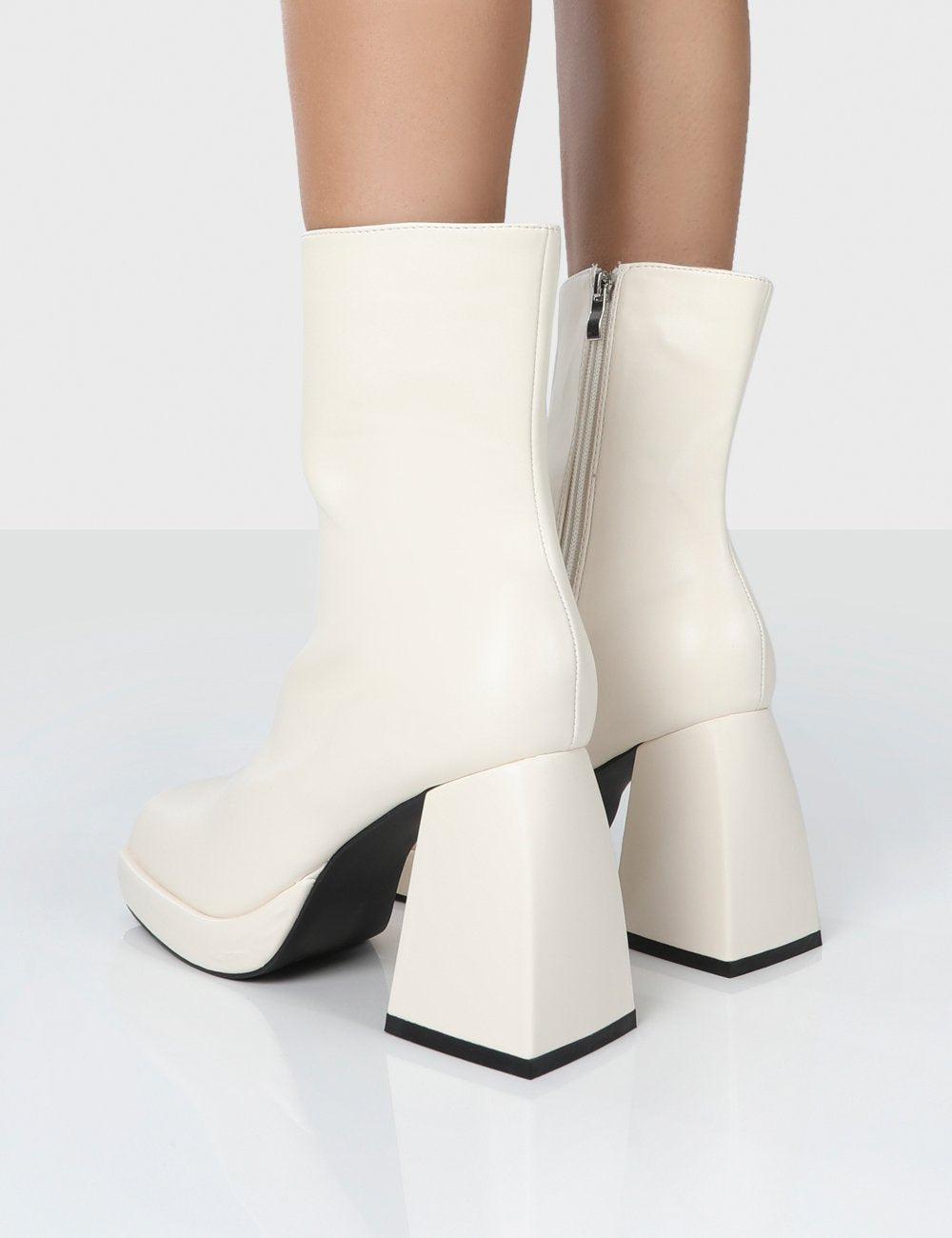 white booties chunky heels