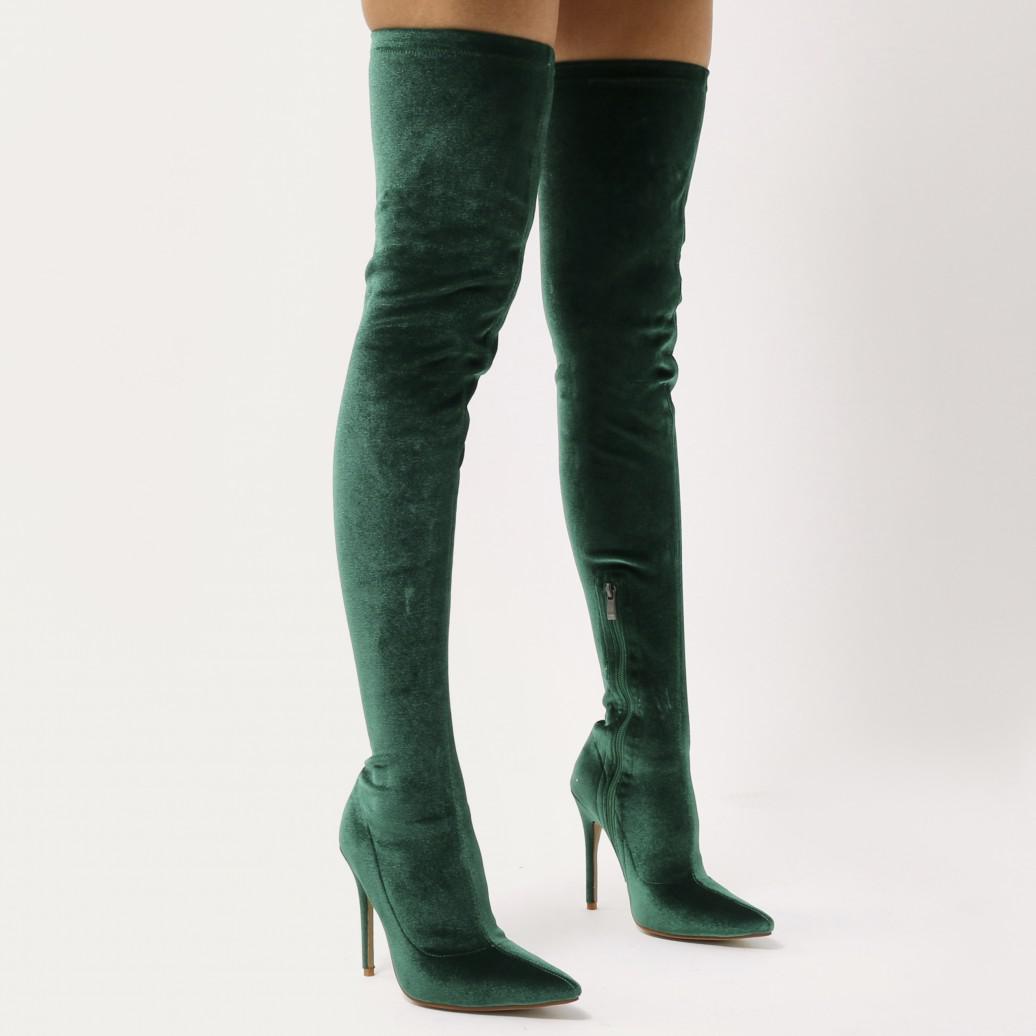 Public Desire Dazzle Sock Fit Pointed Toe Over The Knee Boots In Green  Velvet | Lyst