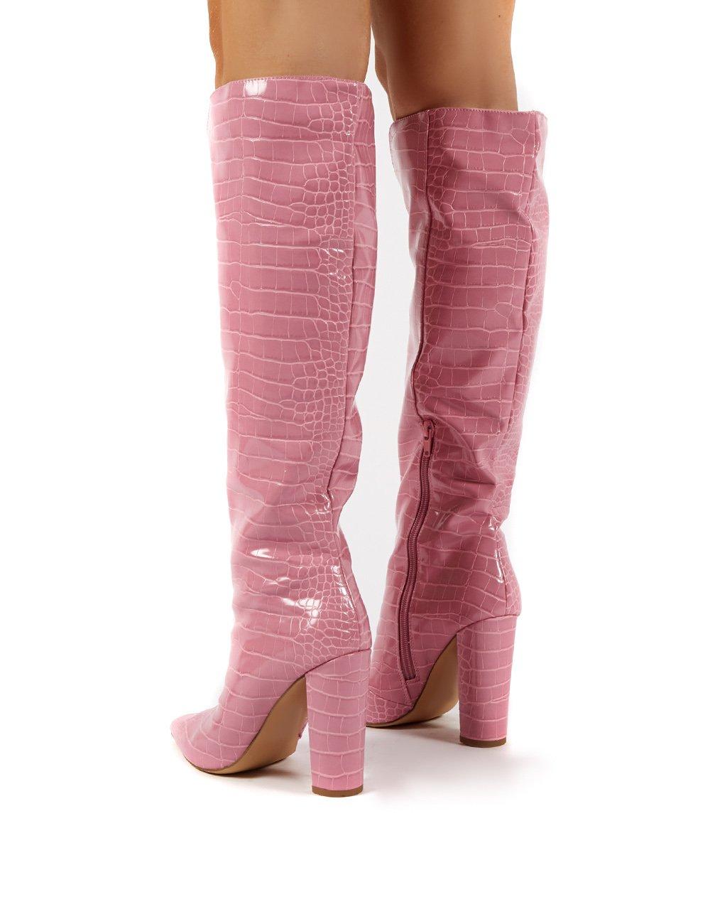 pink croc knee high boots