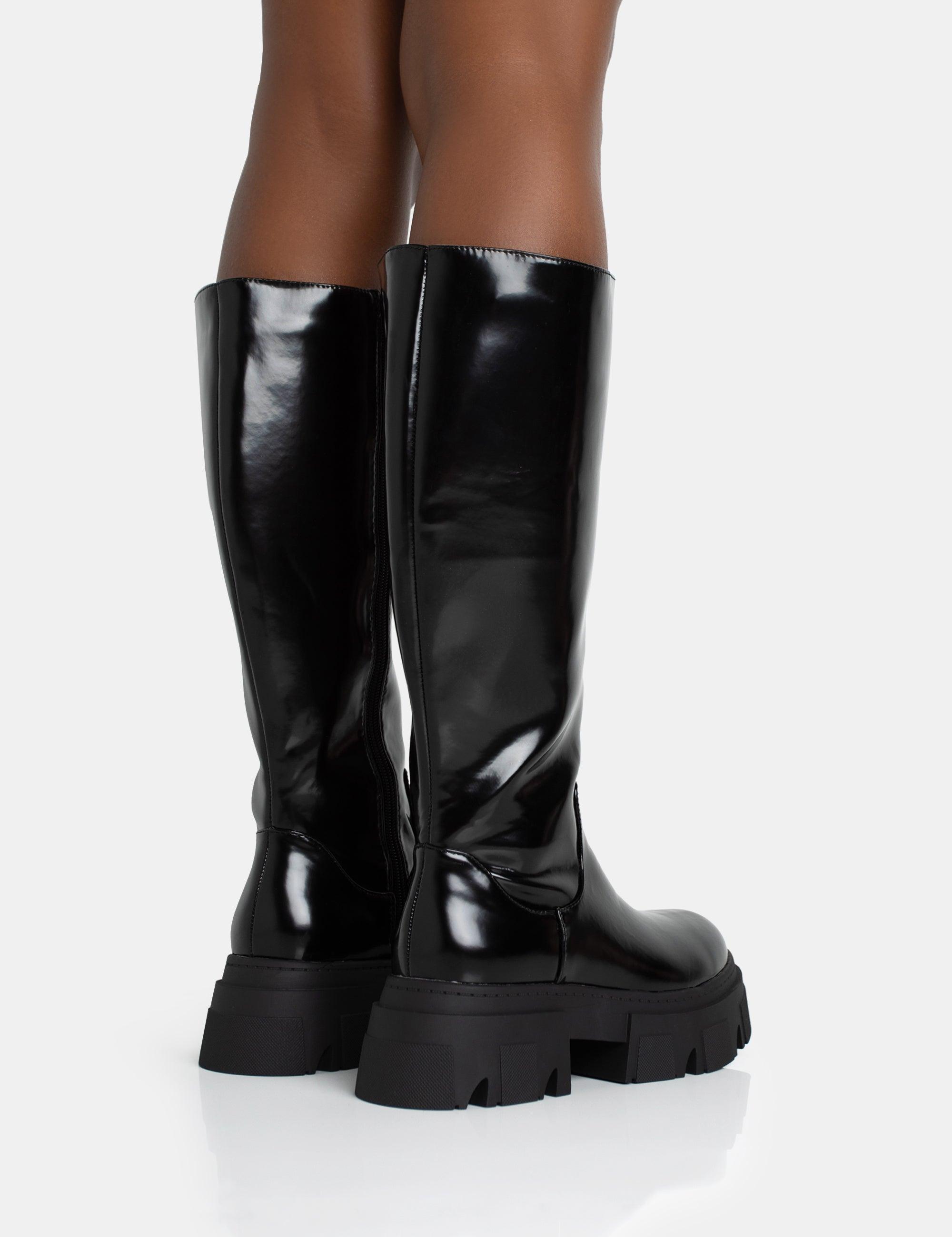 Public Desire Scorpio Black Rubberised Pu Rounded Toe Chunky Sole Knee High  Boots | Lyst