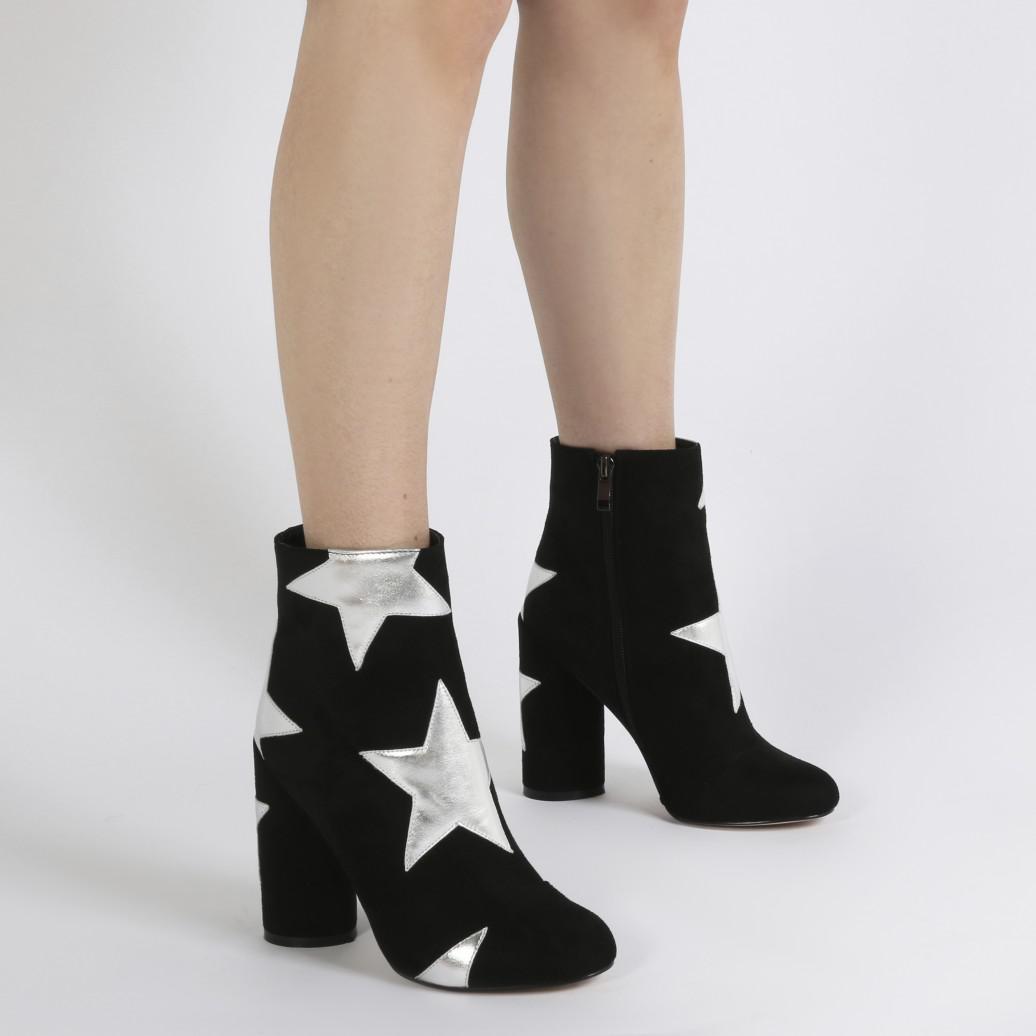 Public Desire Afra Silver Star Print Ankle Boots In Black Faux Suede in  Metallic | Lyst
