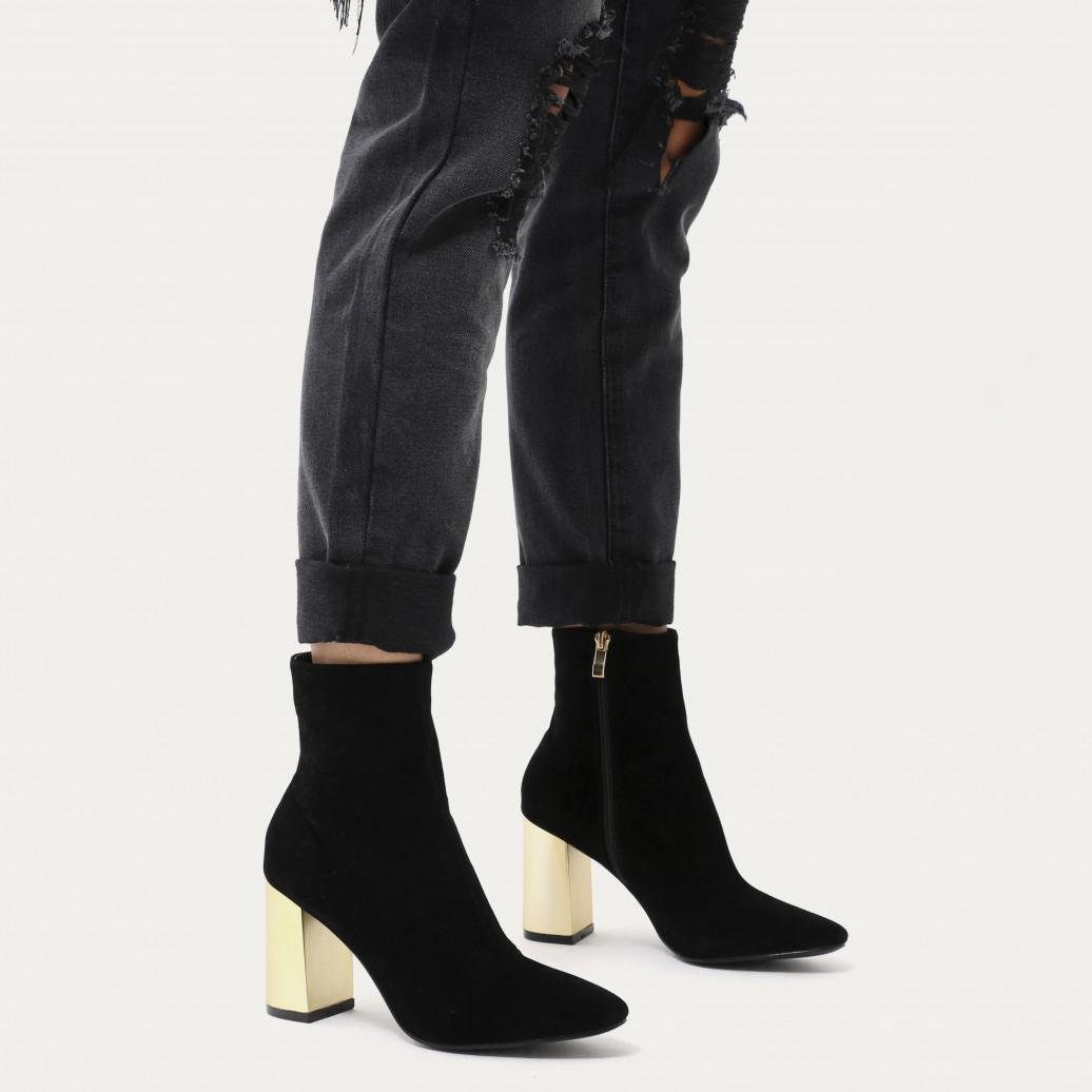 Public Desire Orla Metallic Gold Heel Ankle Boots In Black Faux Suede - Lyst