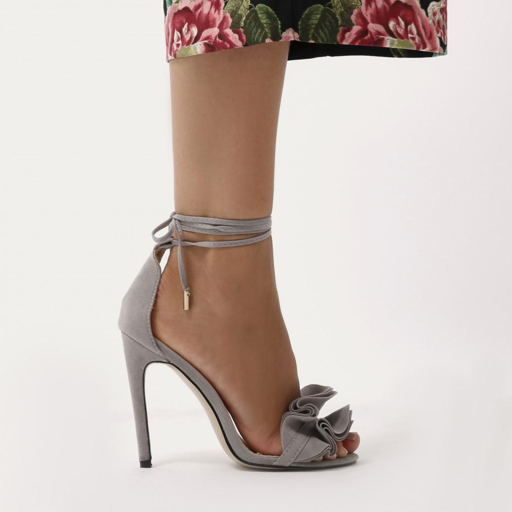 Public Desire Sugar Ruffle Lace Up Barely There Heels In Sugar Ruffle Lace Up Barely There Heels in Red Faux Suede