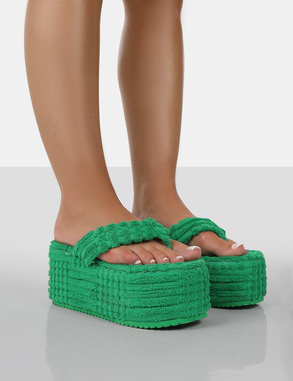 Public Desire Nell Green Terry Towelling Platform Wedge Flip Flop Sandals |  Lyst
