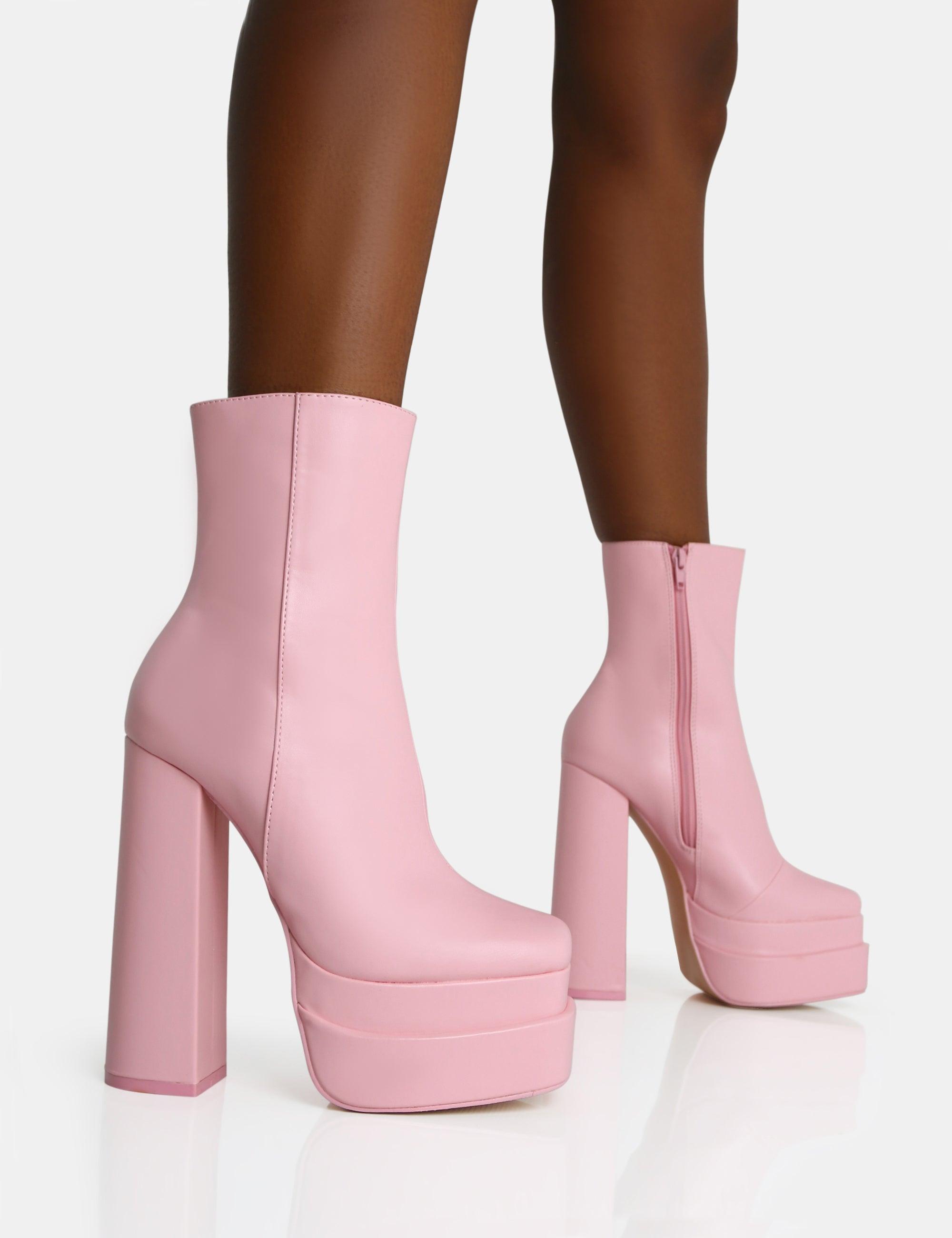 Public Desire Supine Baby Pink Pu Chunky Heeled Platform Ankle Boots | Lyst