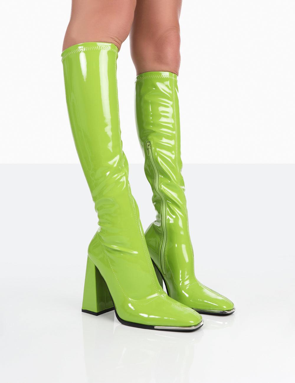 Public Desire Caryn Lime Patent Knee High Block Heeled Boots in Green | Lyst