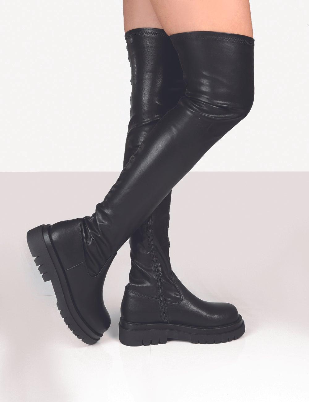 Public Desire Synthetic Hayla Black Pu Over The Knee Chunky Sole Boots -  Lyst