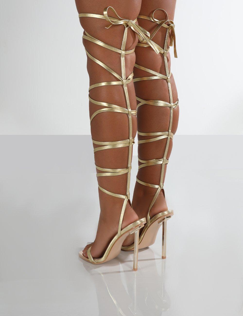 Public Desire Demy Gold Pu Knee High Lace Up Stiletto Heels in Metallic |  Lyst