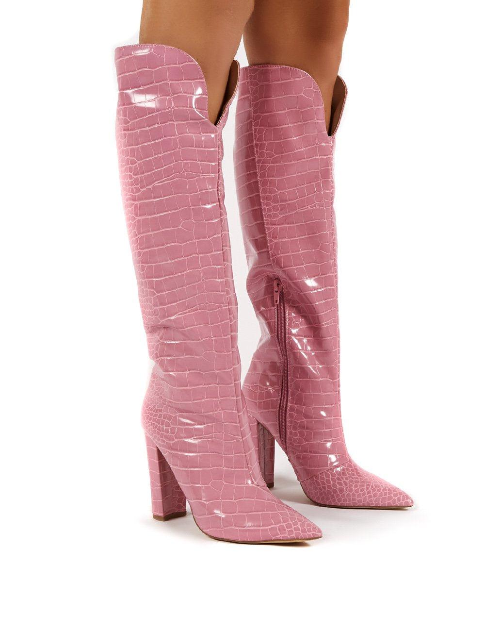 Økologi Bred vifte Blinke Public Desire Slow Pink Croc Knee High Block Heel Boots | Lyst