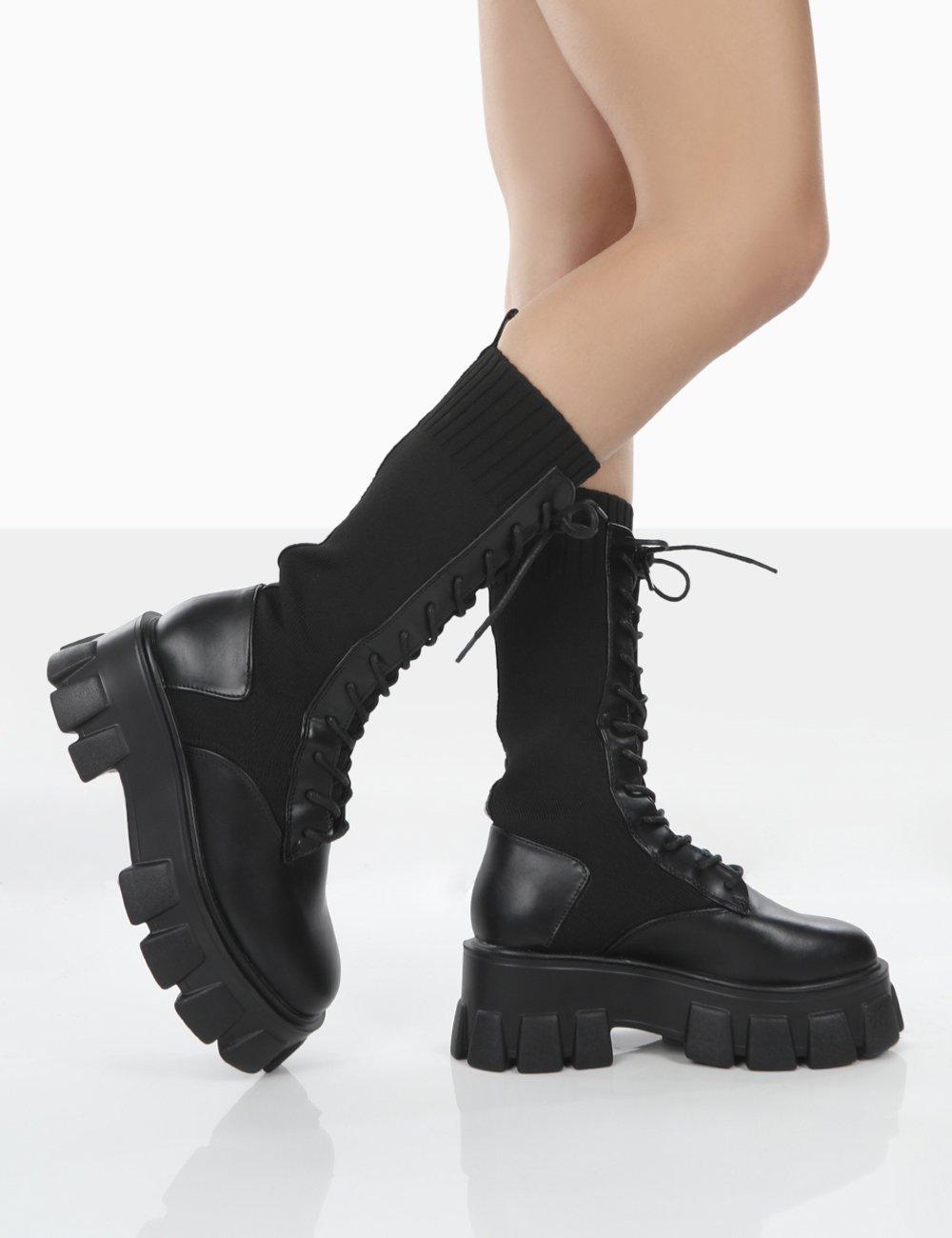 Public Desire Synthetic Hudson Black Pu Lace Up Chunky Knee High 