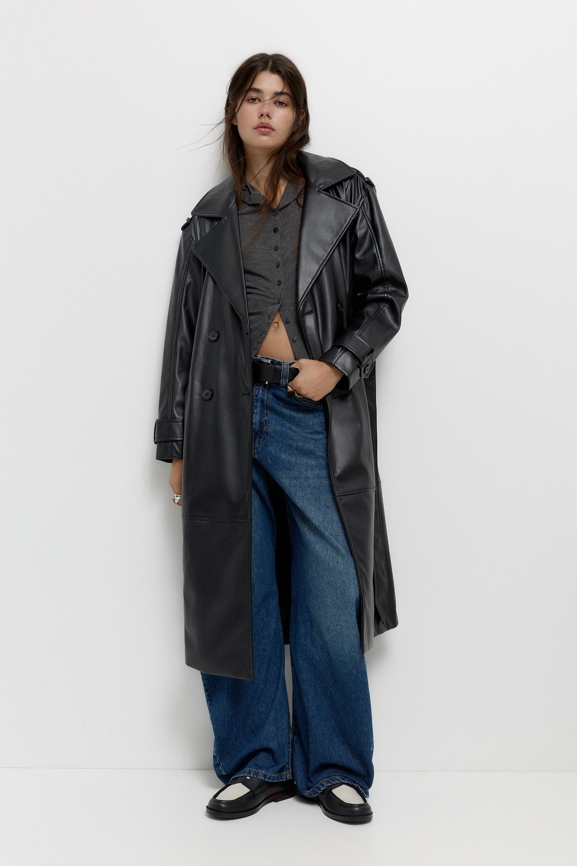 Pull&Bear Faux Leather Trench Coat in Black Lyst UK