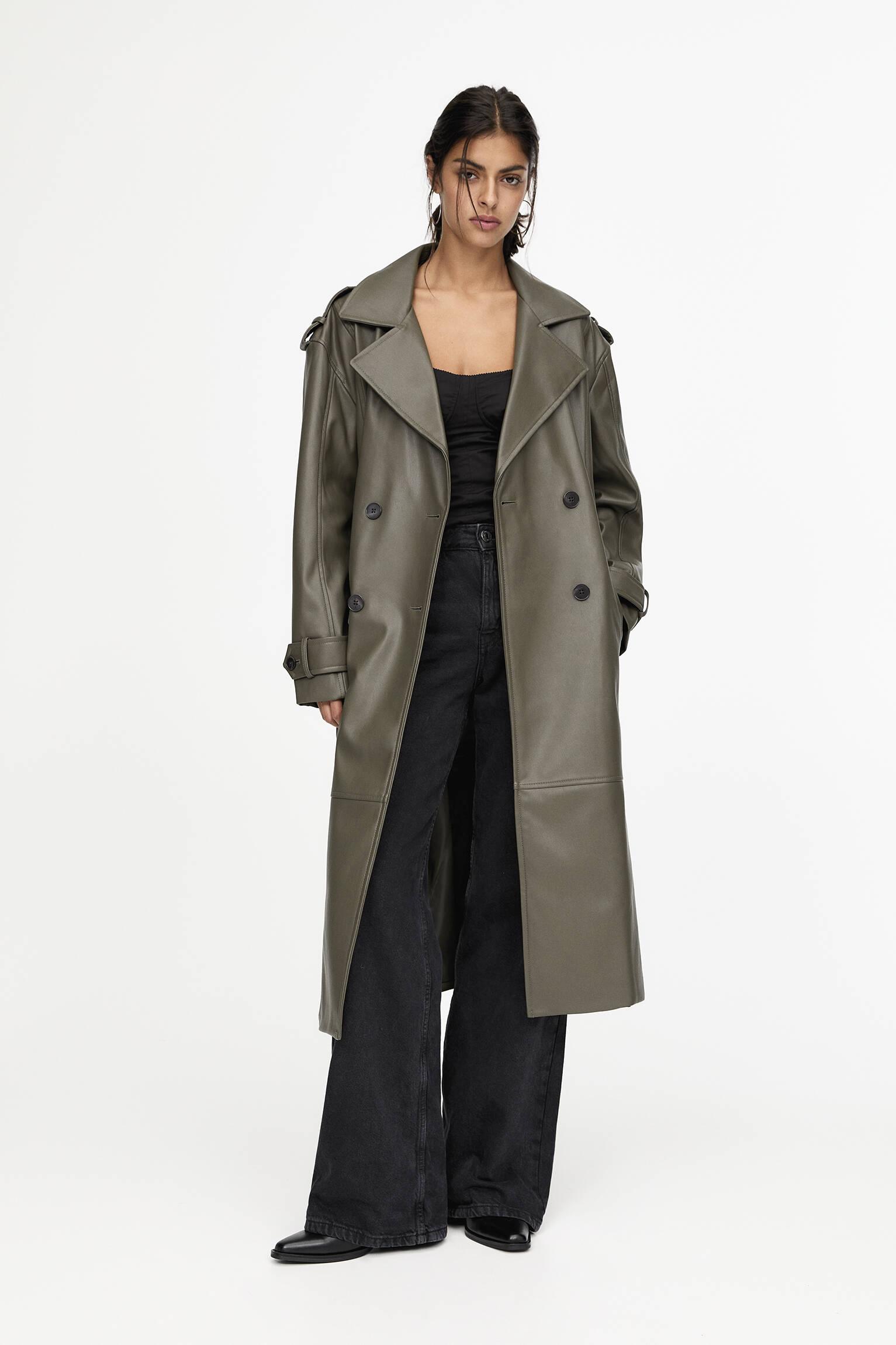 Pull&Bear Belted Faux Leather Trench Coat in Green Lyst UK