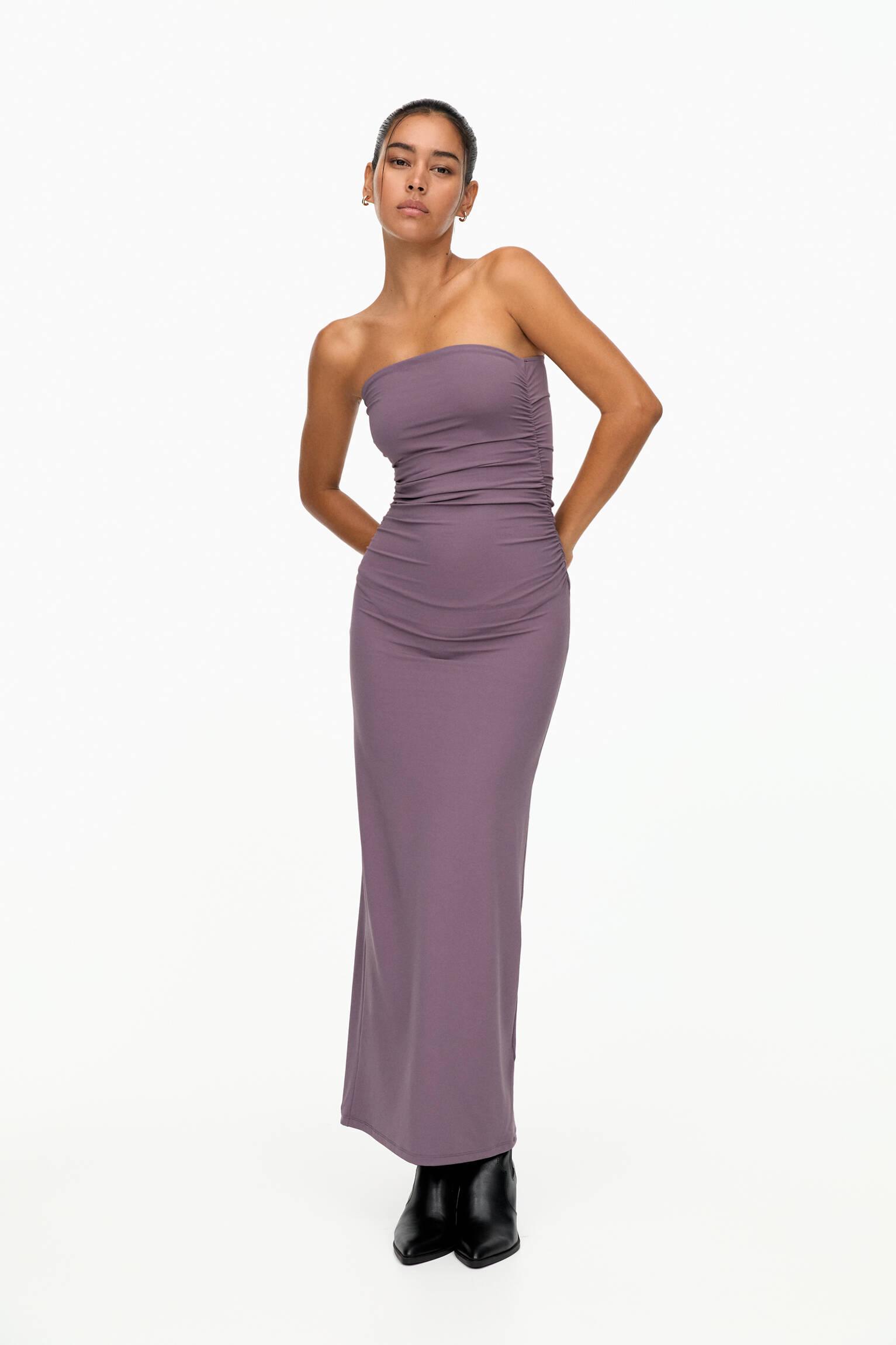 Pull\u0026Bear Long Strapless Gathered Dress in Purple | Lyst UK