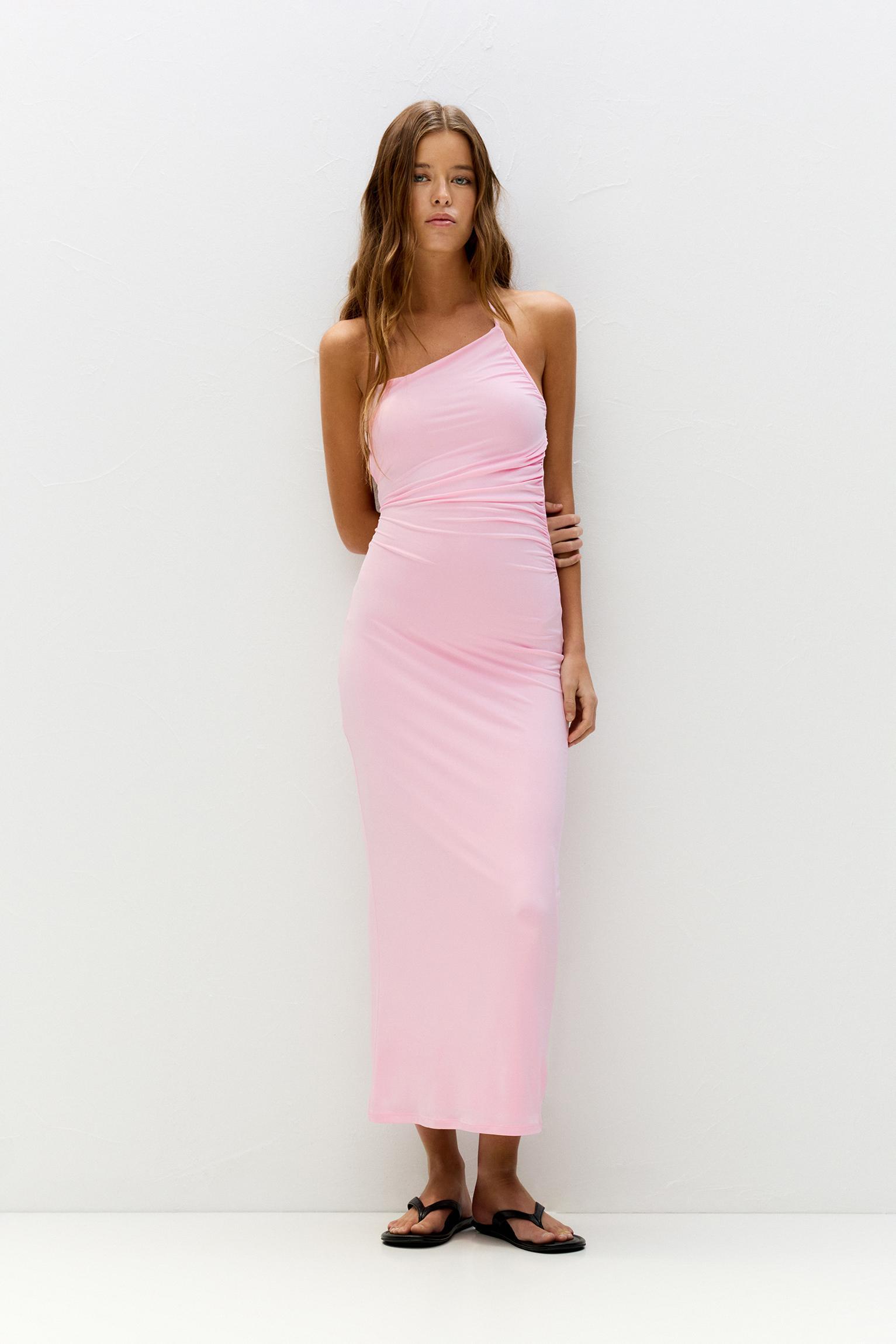 pull and bear pink dress Pull&Bear Asymmetric Midi Gathered Dress in Pink