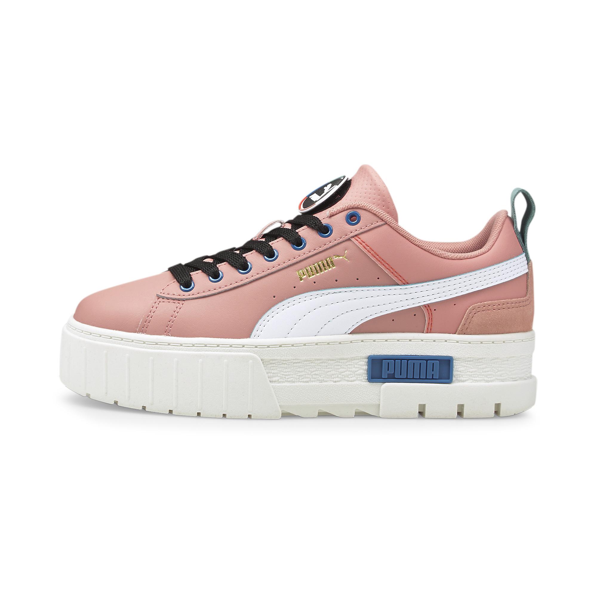 puma mayze platform sneakers in white and pink