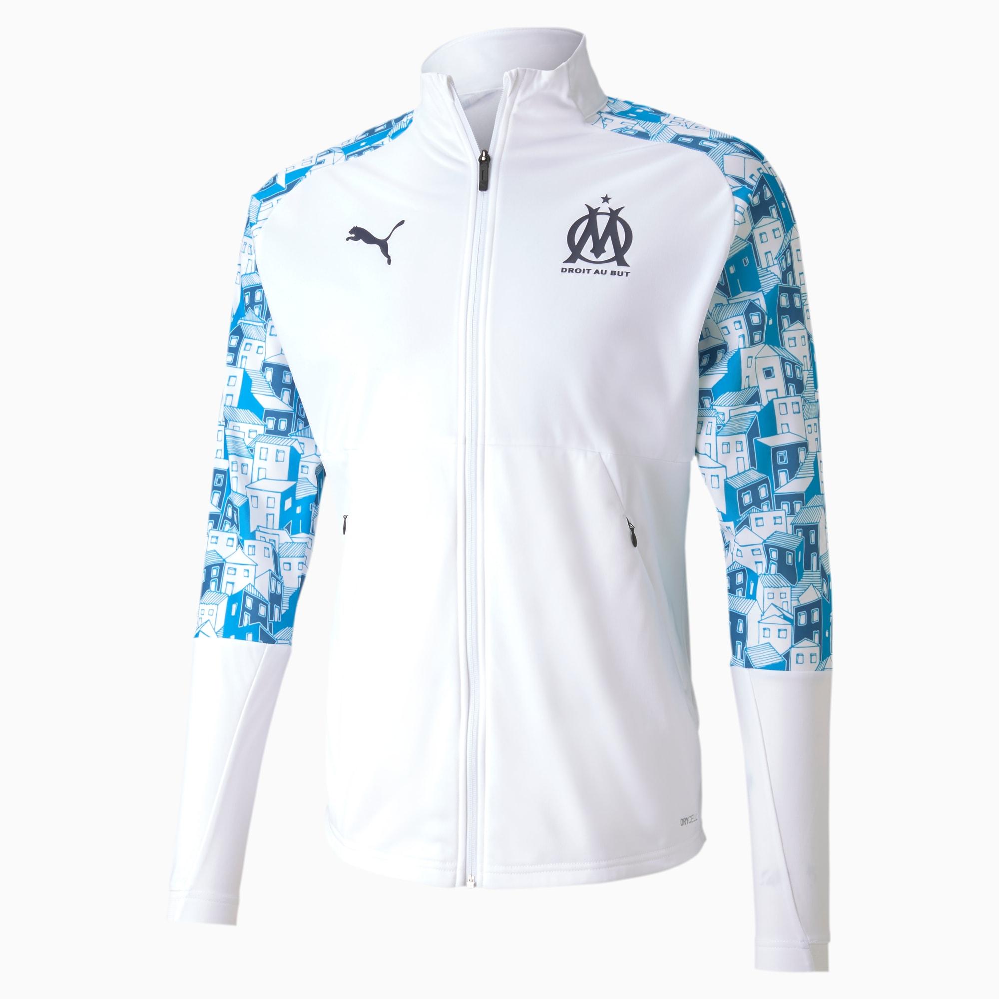 PUMA Olympique de Marseille Fußball Prematch Jacke in Weiß Damen Herren Bekleidung Herren Jacken Freizeitjacken 