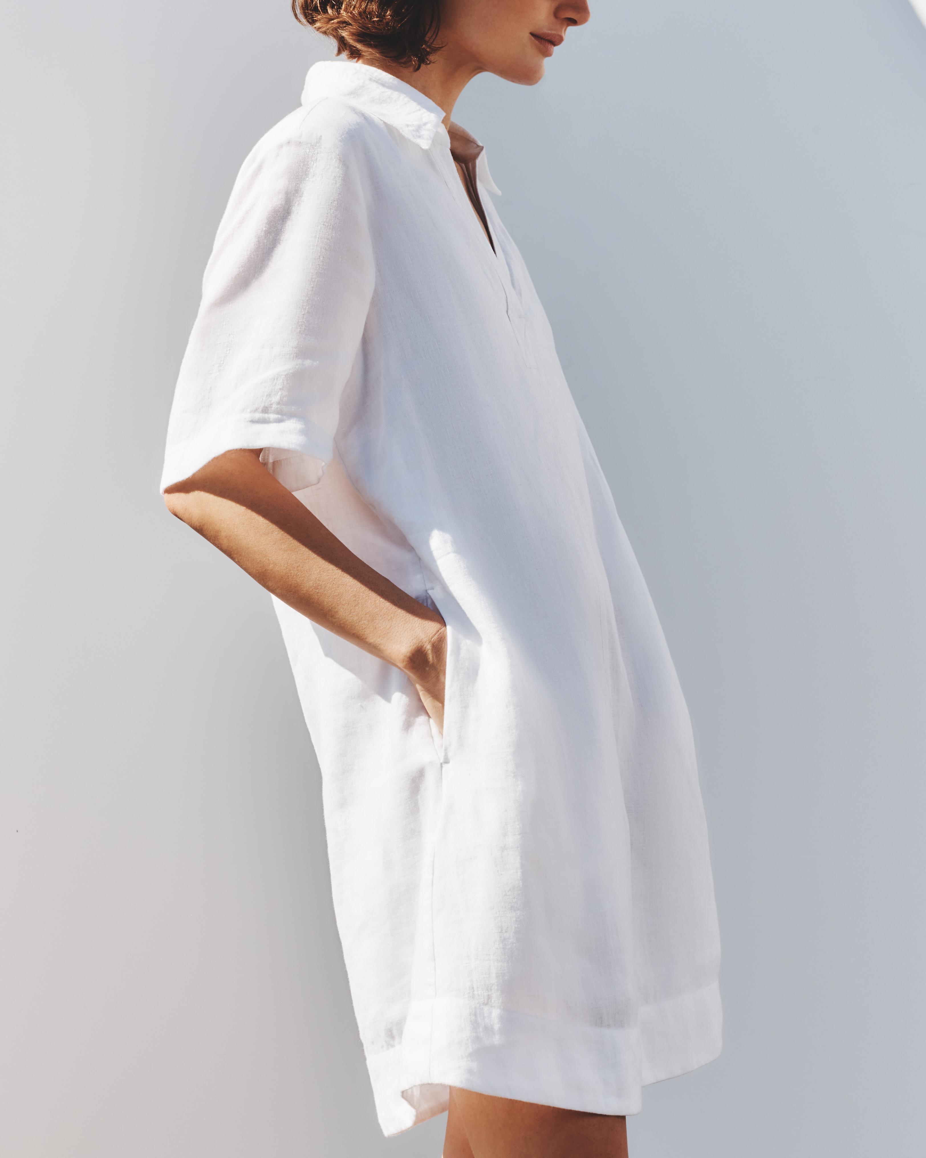 linen-blend popover mini dress 100% European Linen Popover Mini Dress in White