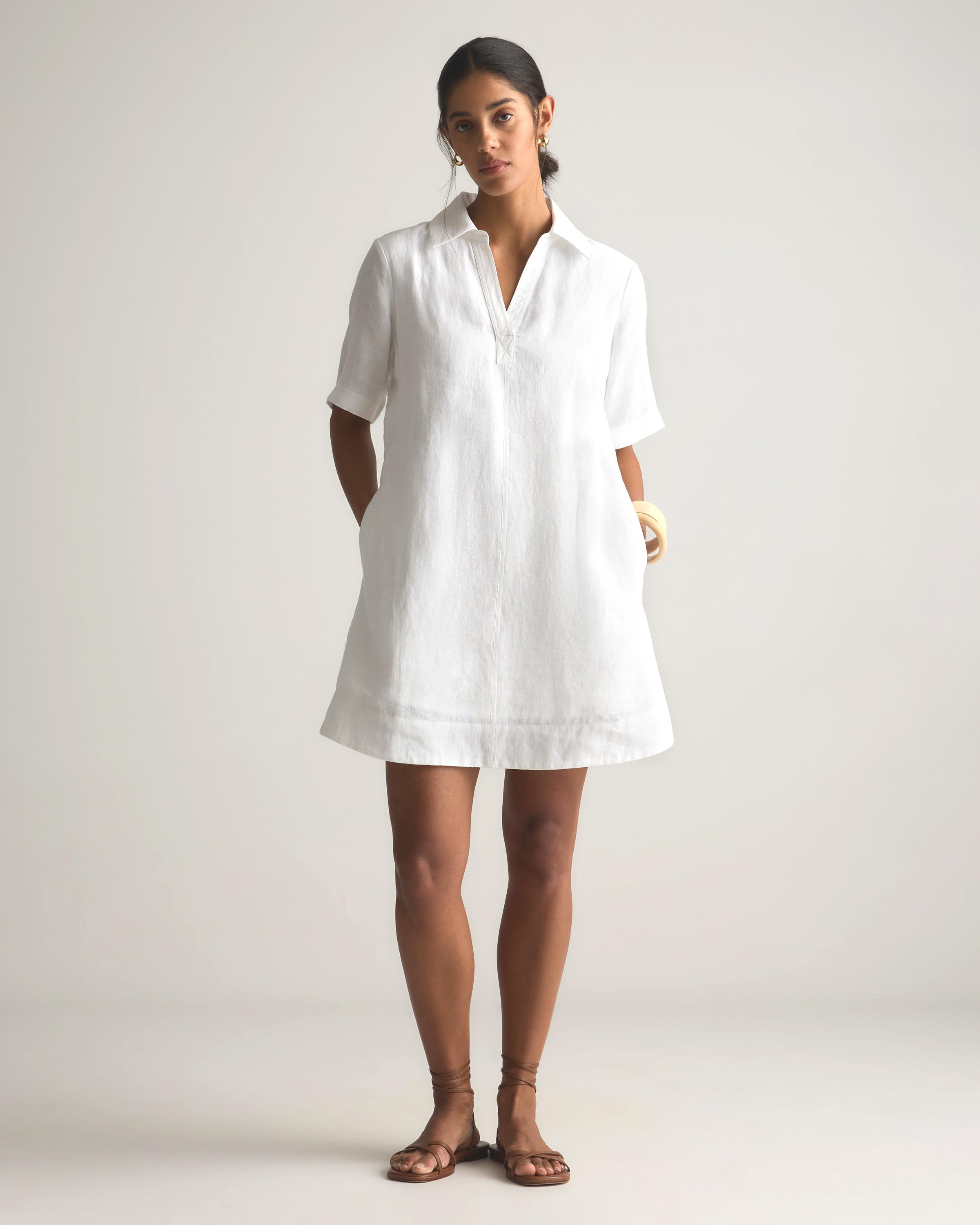 Quince 100% European Linen Popover Mini Dress in White | Lyst