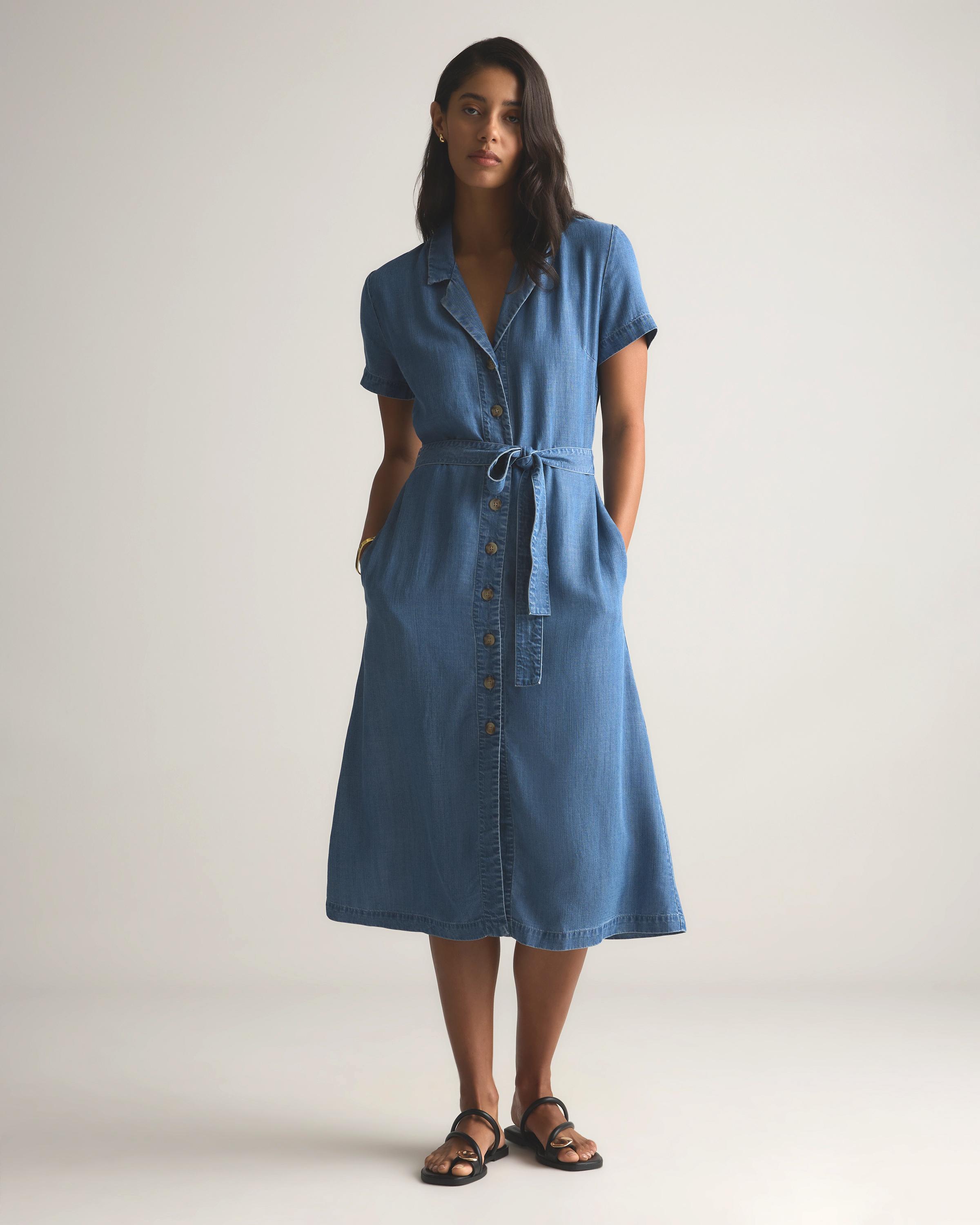 Quince Chambray Tencel Button Front Dress in Blue | Lyst