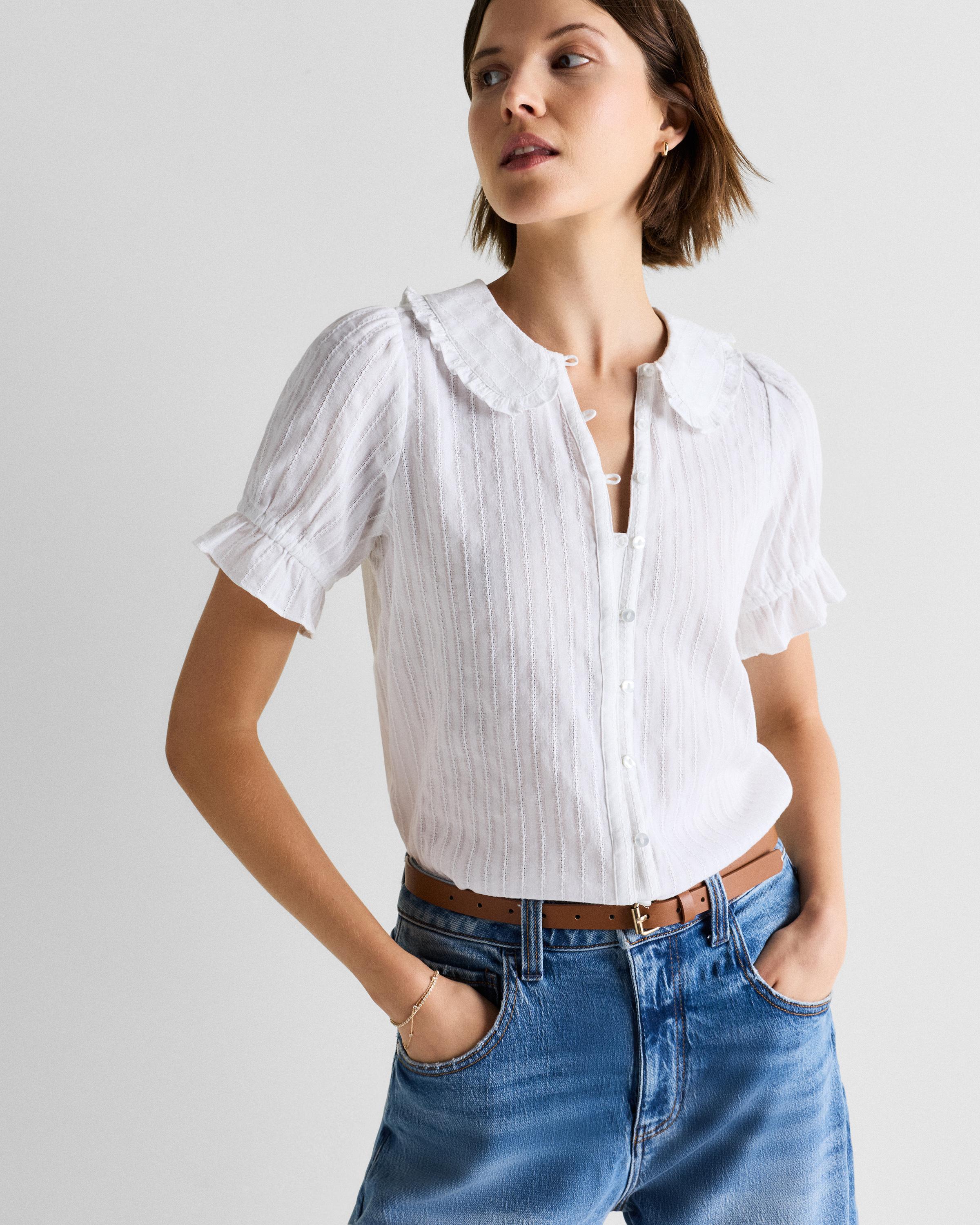 Quince Embroidered Cotton Ruffle Collar Short Sleeve Blouse