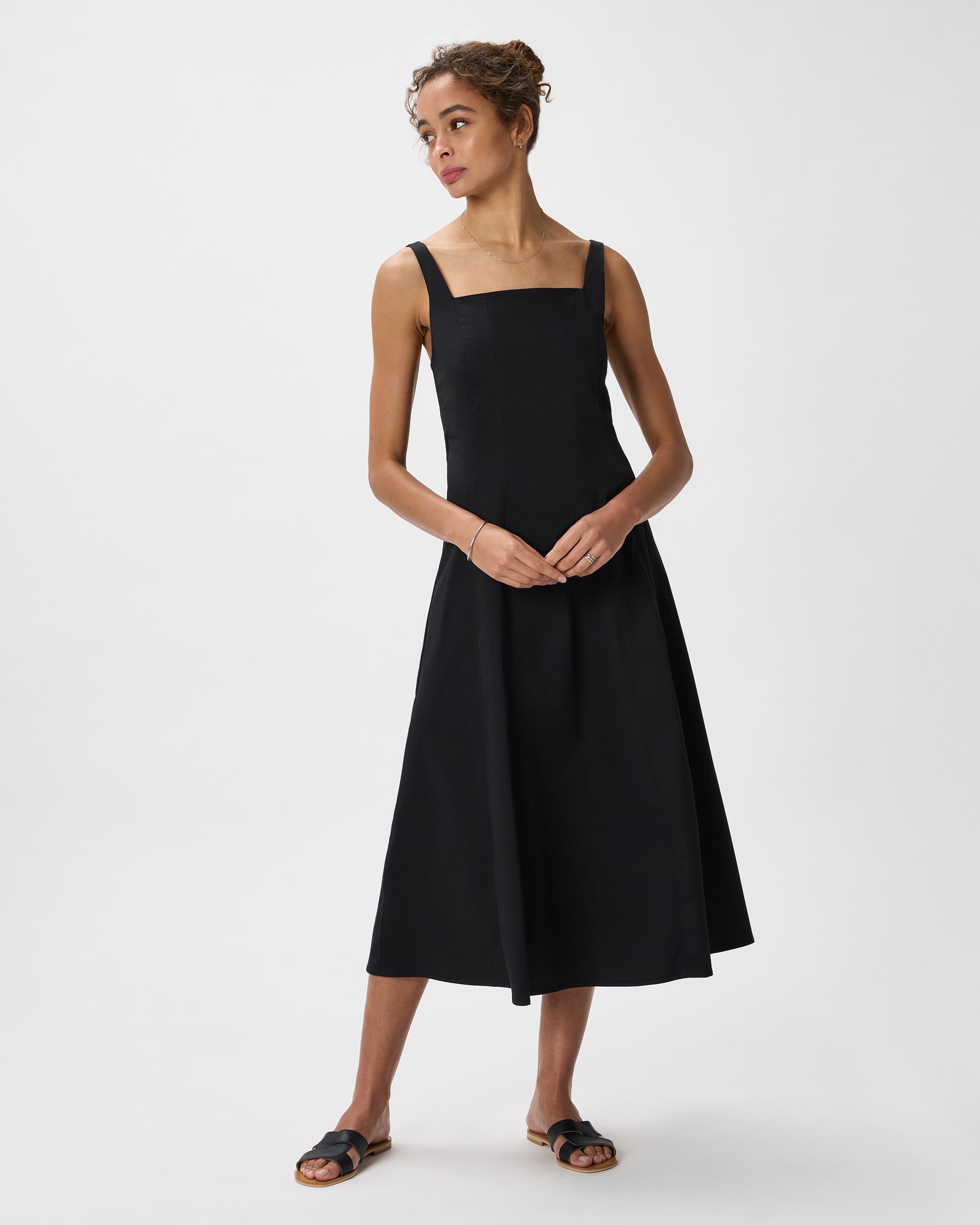 Quince Stretch Twill Fit & Flare Midi Dress, Cotton in Black | Lyst