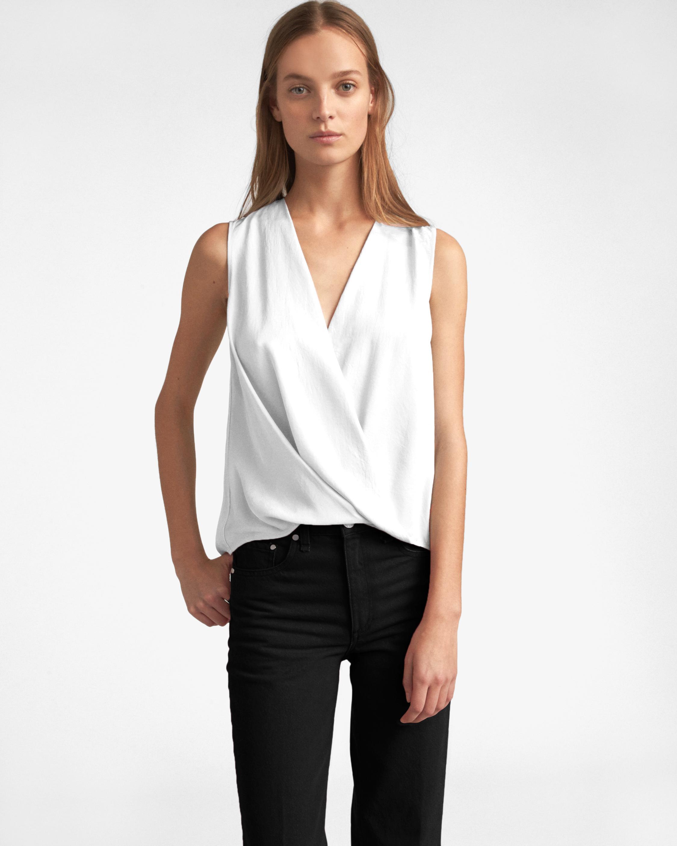 Rag & Bone Silk Victor Sleeveless Wrapfront Blouse in White/Black