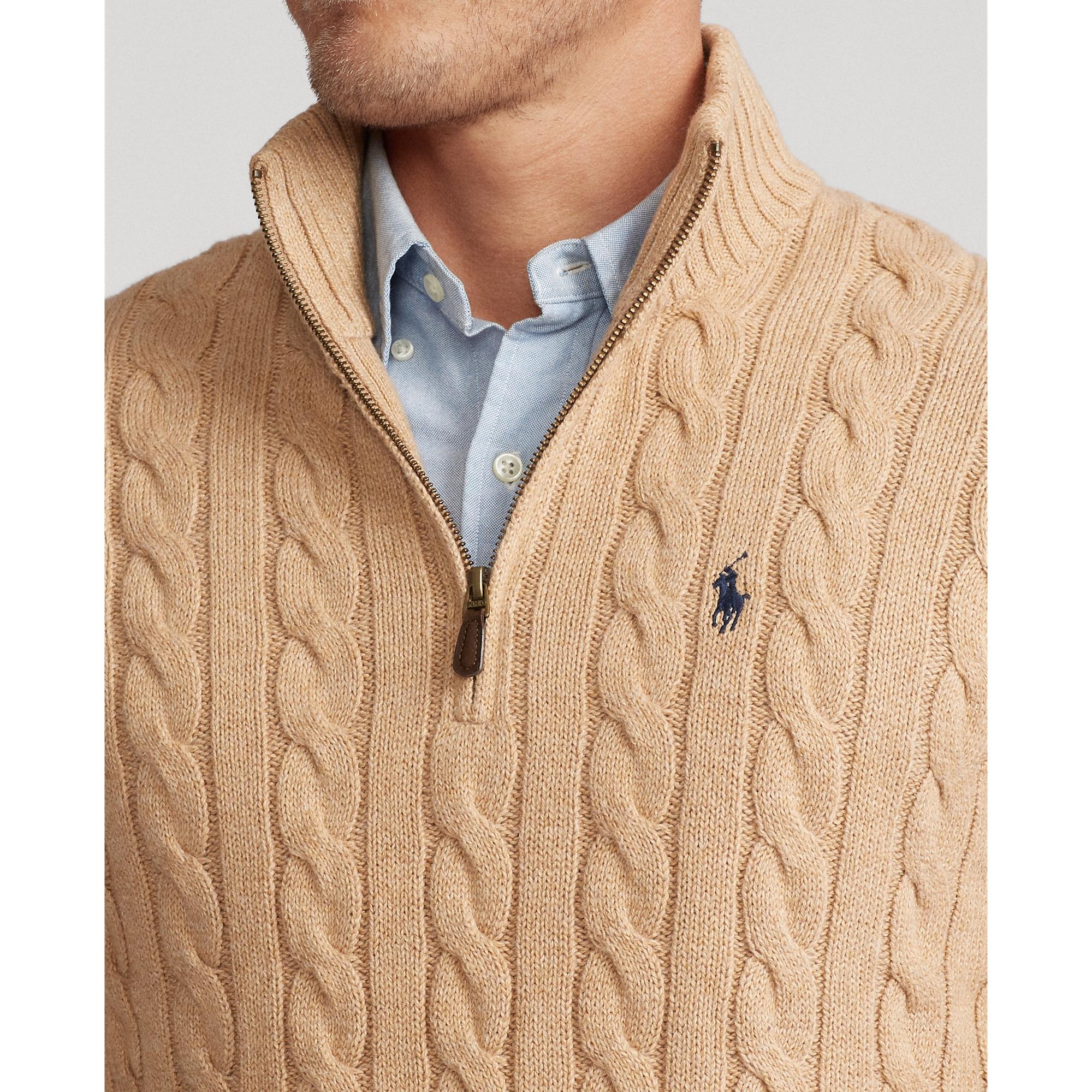 Ralph Lauren Cable-knit Cotton Quarter-zip Sweater in Camel Melange (Natural) for Men - Lyst