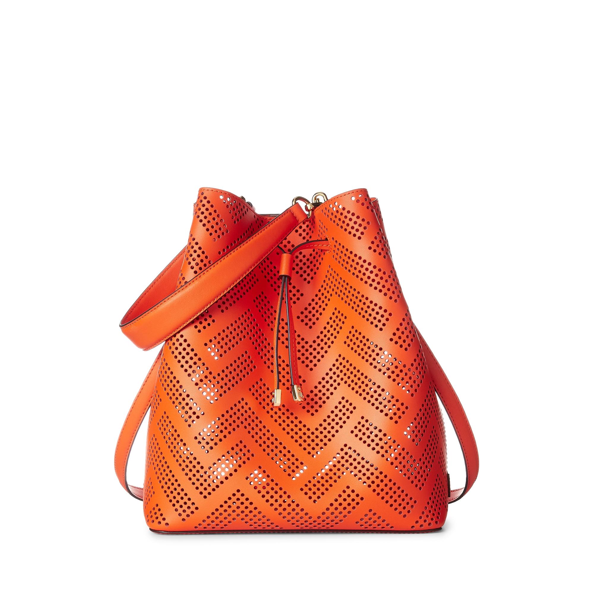 Lauren by Ralph Lauren Ralph Lauren Perforated Leather Debby Drawstring Bag  in Orange | Lyst