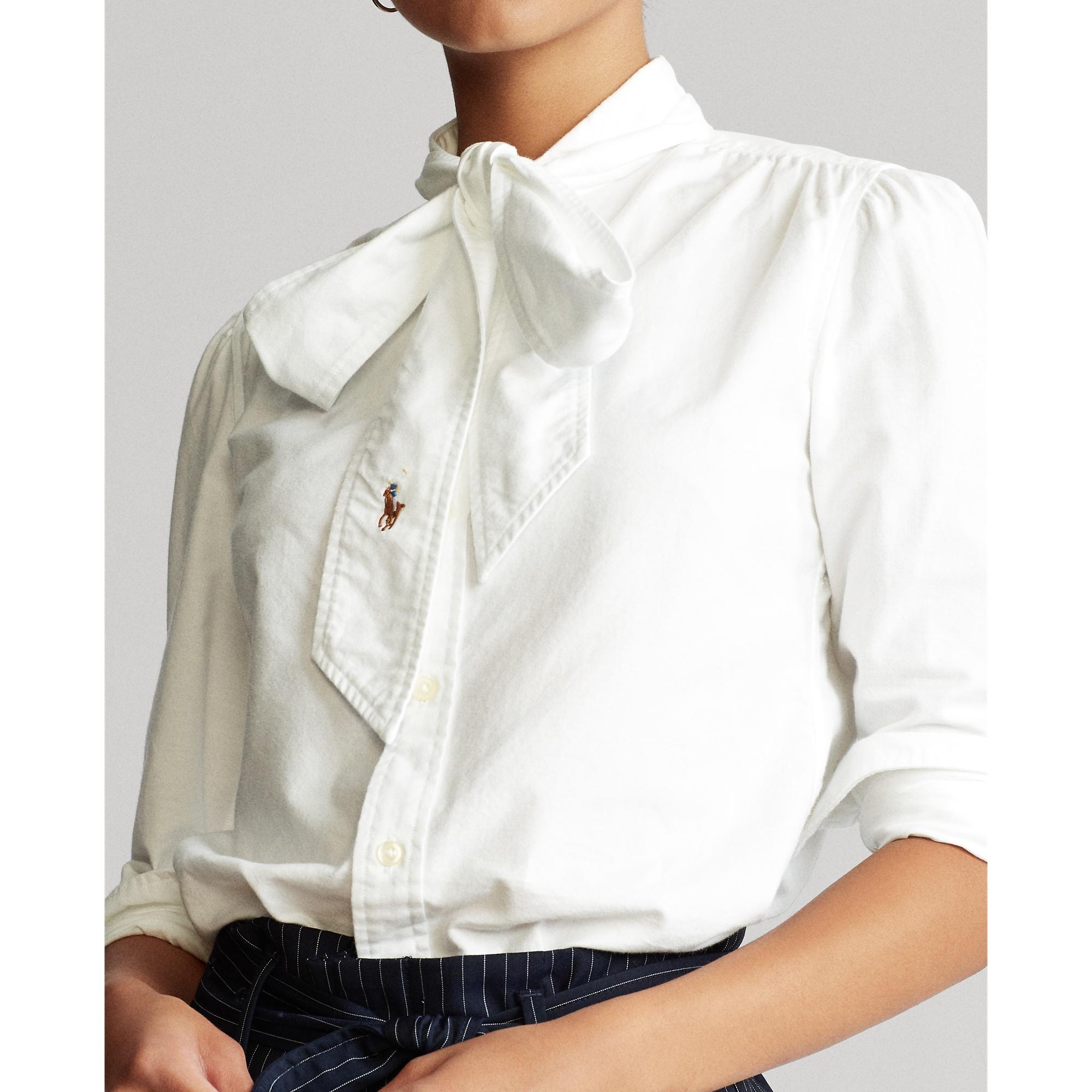 Polo Lauren Cotton Tie-neck Shirt in White | Lyst