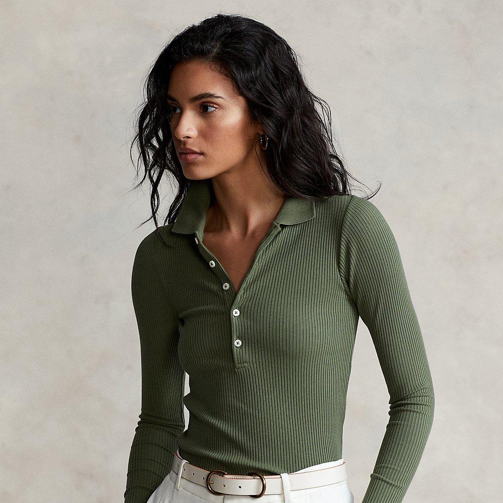 Polo Ralph Lauren Rib-knit Long-sleeve Polo Shirt in Green | Lyst